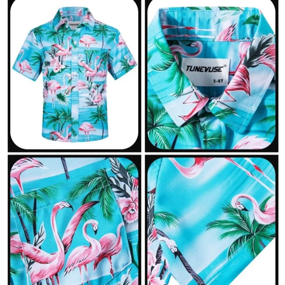 TUNEVUSE Boys Flamingo‎ 3pc Cabana Set Shirt Shorts Hat Beach Vacation NEW~NWT!!